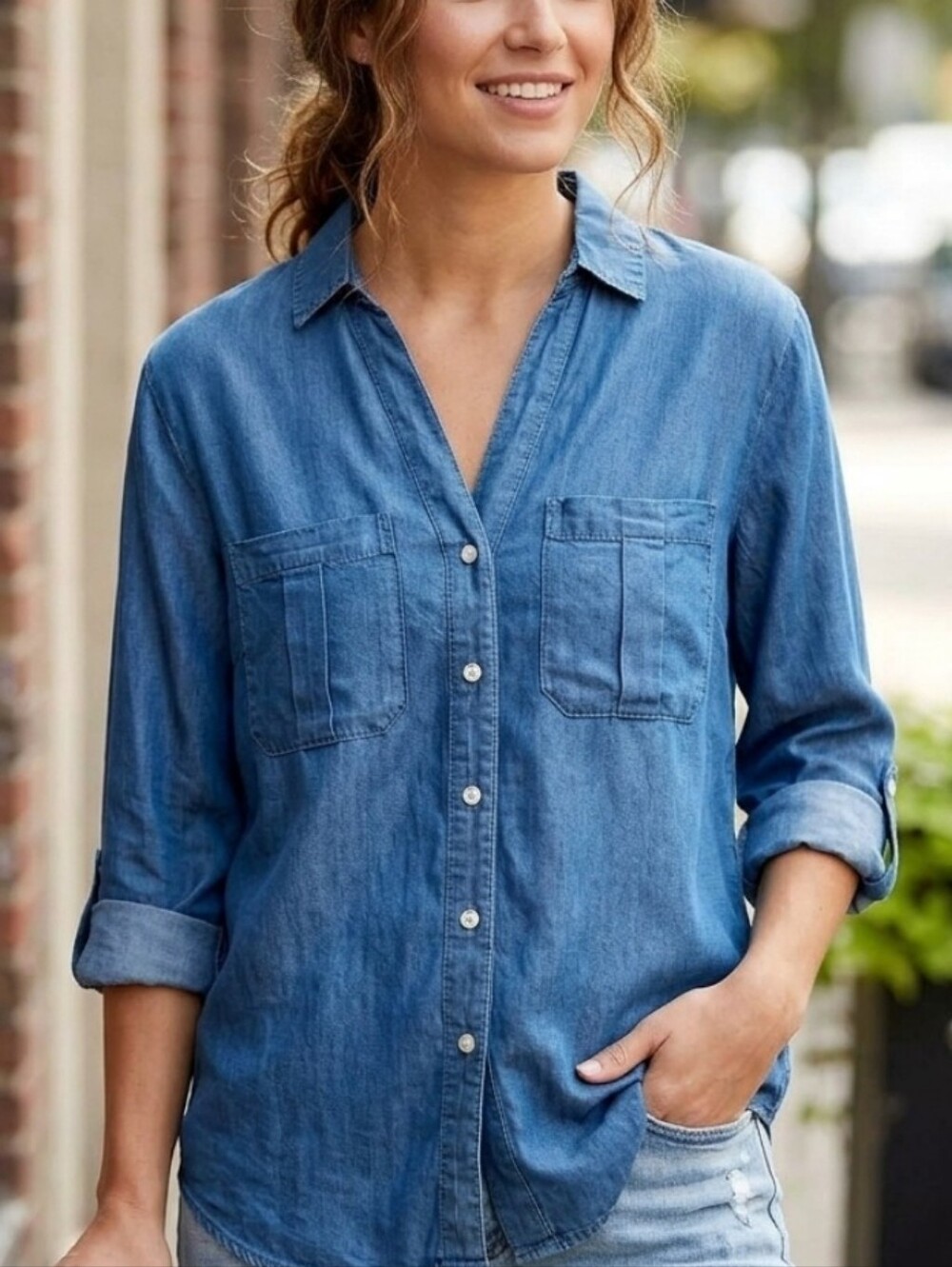 Tensel Denim Button Down Top With Pearl Buttons Size Small New